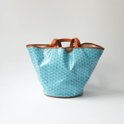 Goyard Belharra MM Reversible Tote Bag Turquoise Goyardine Canvas with Brown Leather Trim