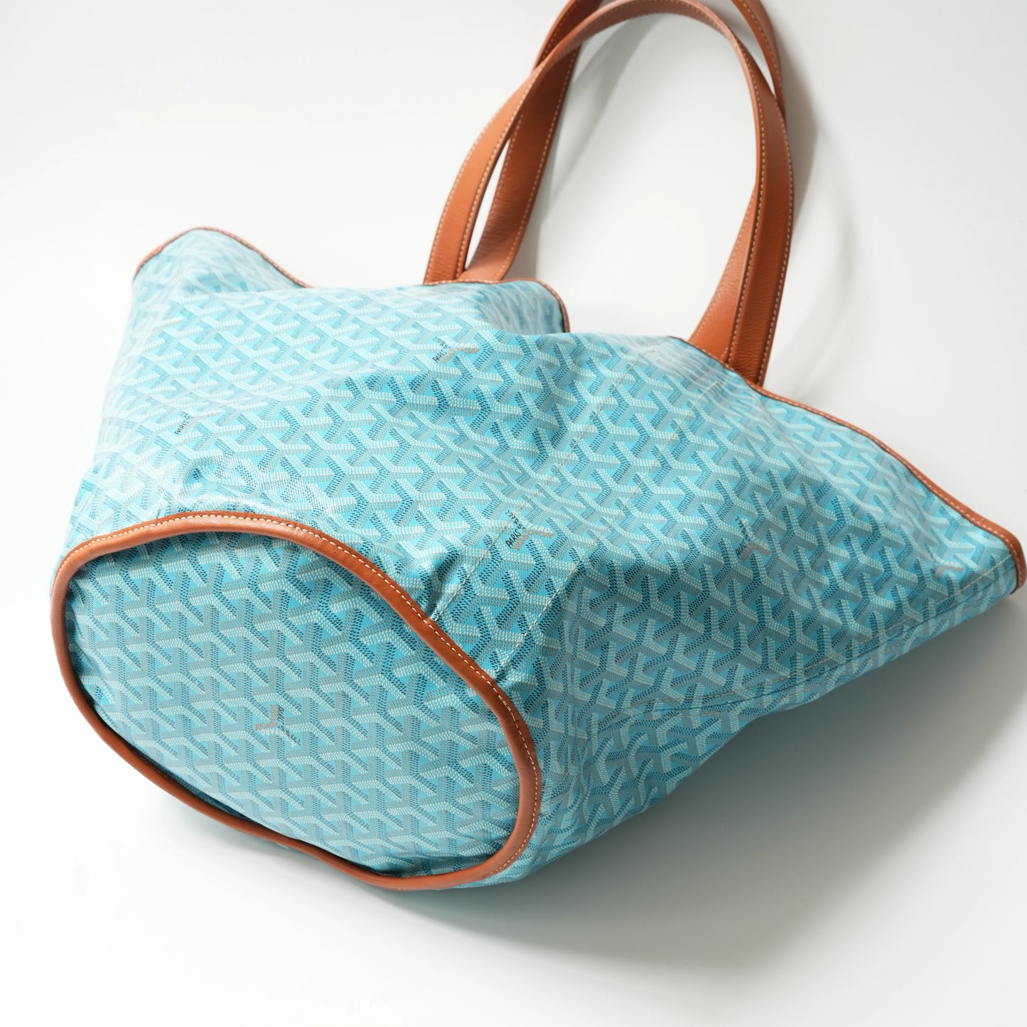 Goyard Belharra MM Reversible Tote Bag Turquoise Goyardine Canvas with Brown Leather Trim