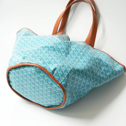 Goyard Belharra MM Reversible Tote Bag Turquoise Goyardine Canvas with Brown Leather Trim