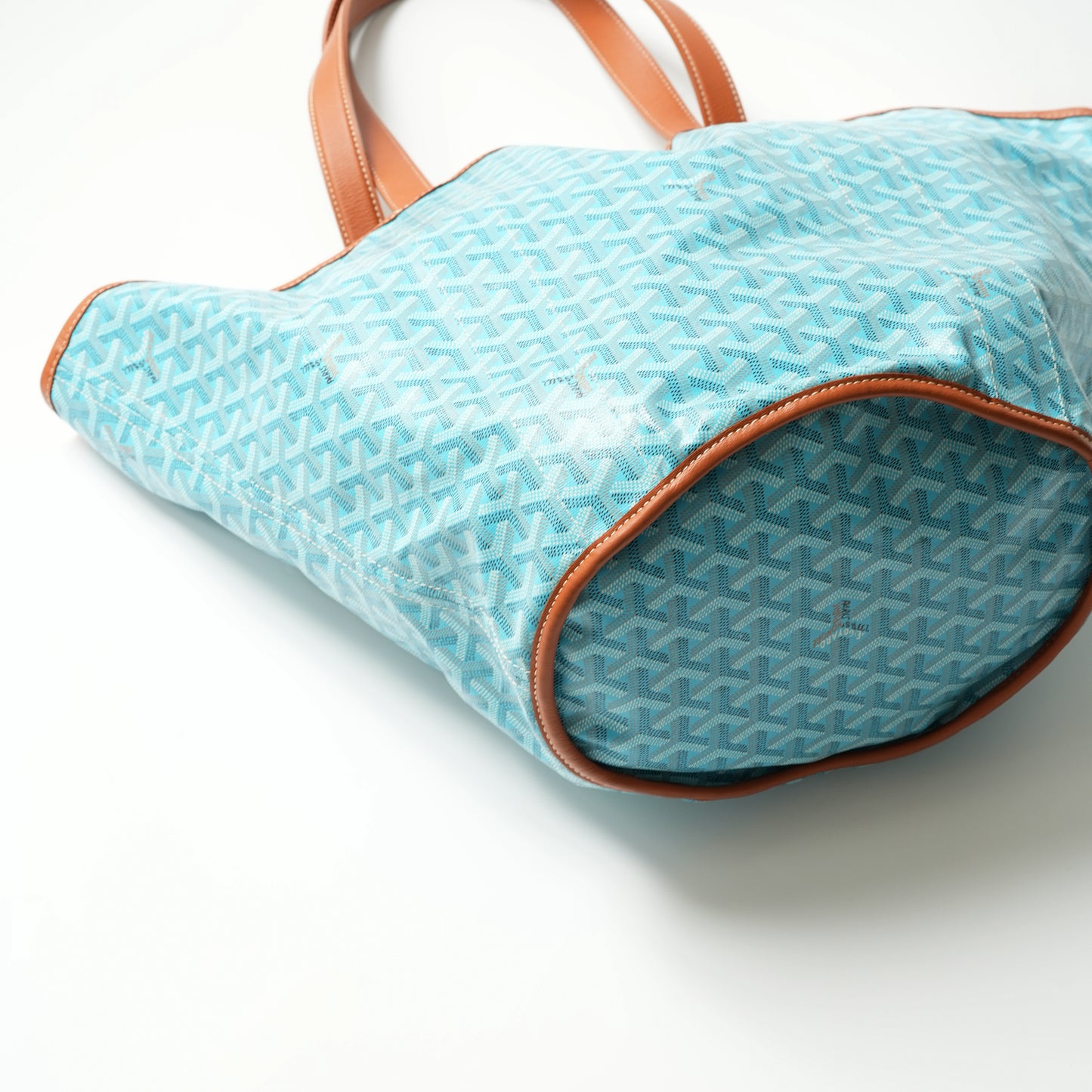 Goyard Belharra MM Reversible Tote Bag Turquoise Goyardine Canvas with Brown Leather Trim