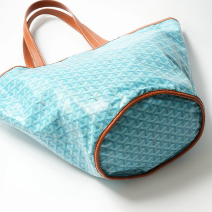 Goyard Belharra MM Reversible Tote Bag Turquoise Goyardine Canvas with Brown Leather Trim