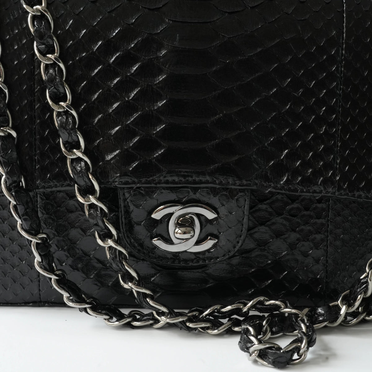 Chanel Medium Classic Double Flap Bag Black Python Silver Hardware view11