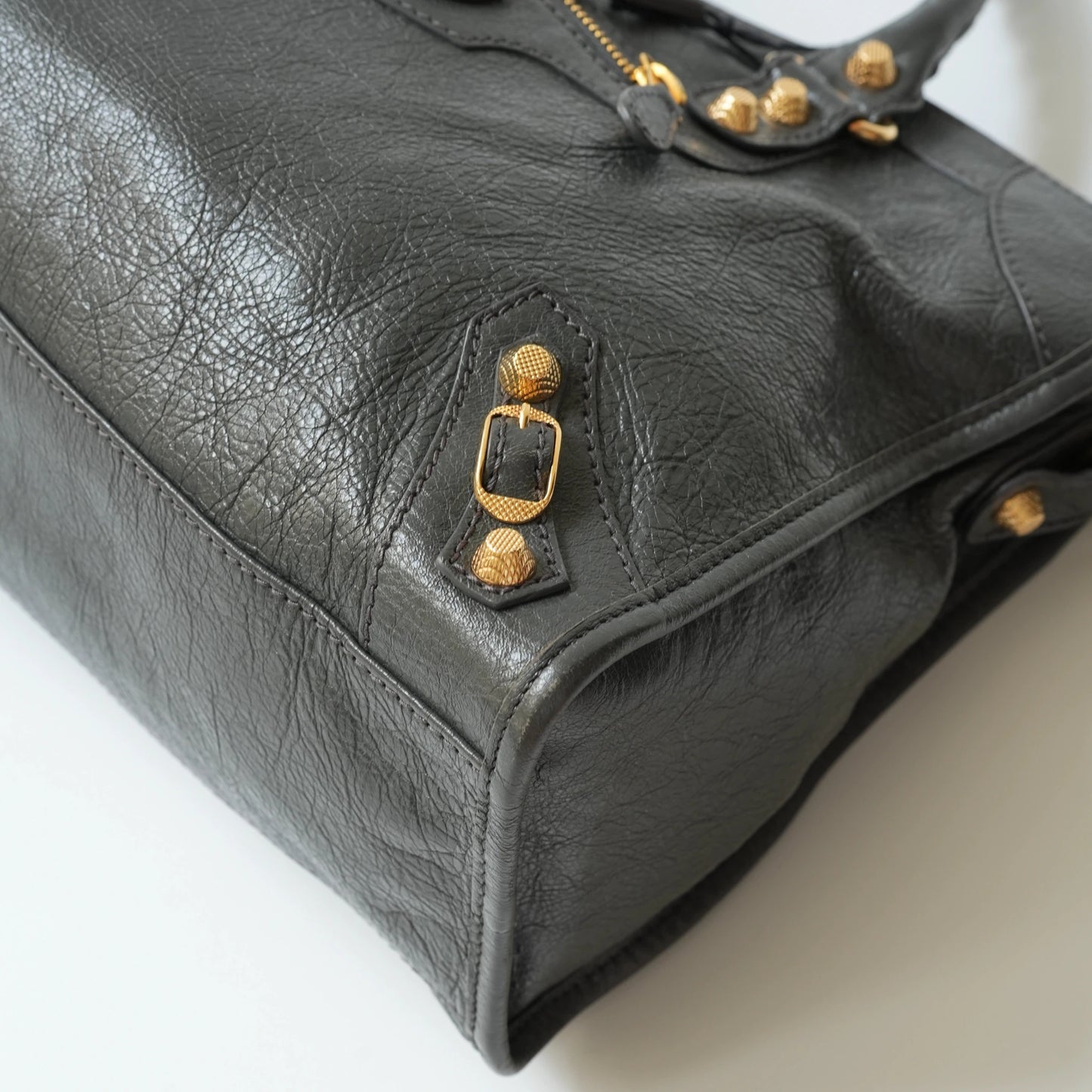 Balenciaga Classic City Bag Grey Premium Leather Gold Hardware Moto Handbag
