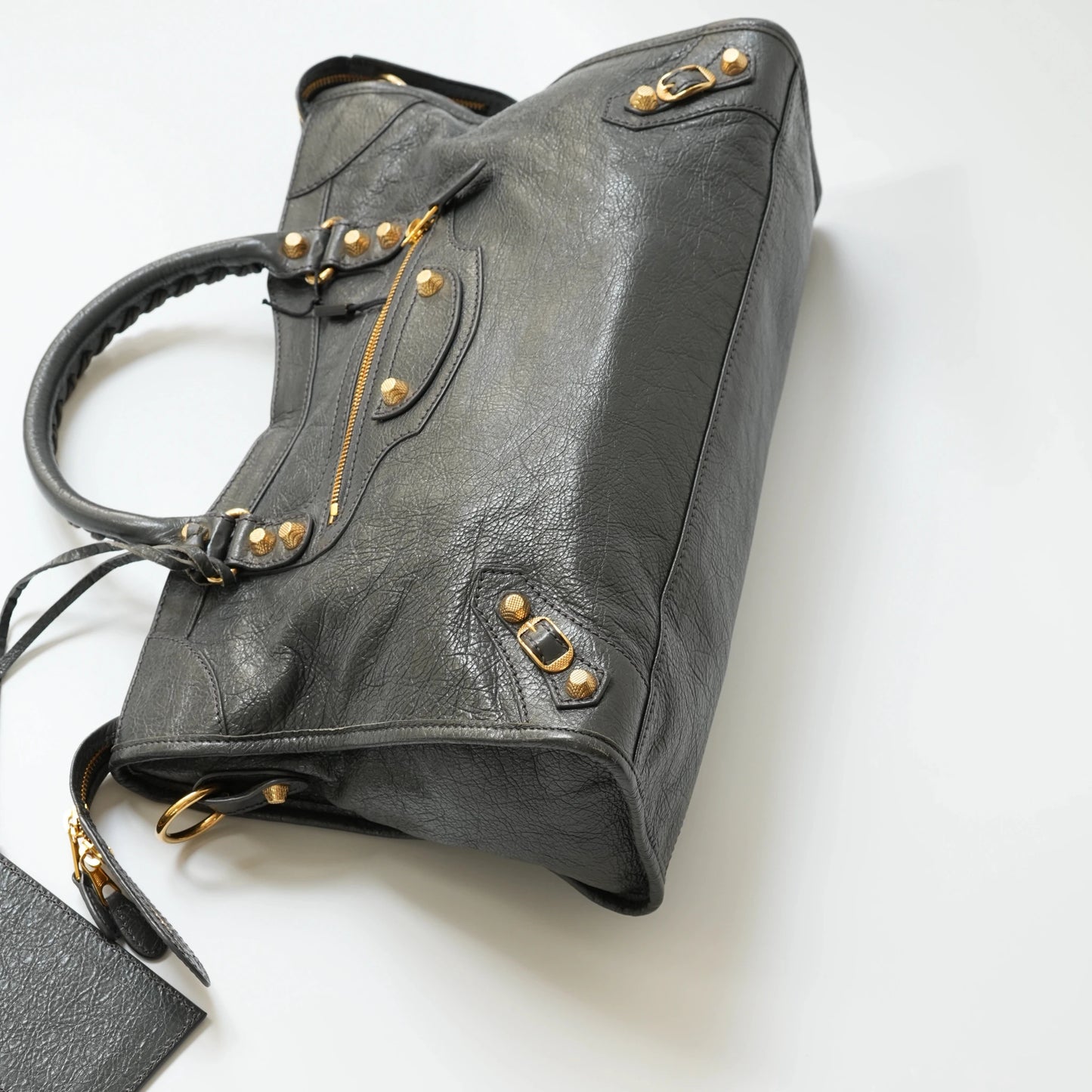 Balenciaga Classic City Bag Grey Premium Leather Gold Hardware Moto Handbag