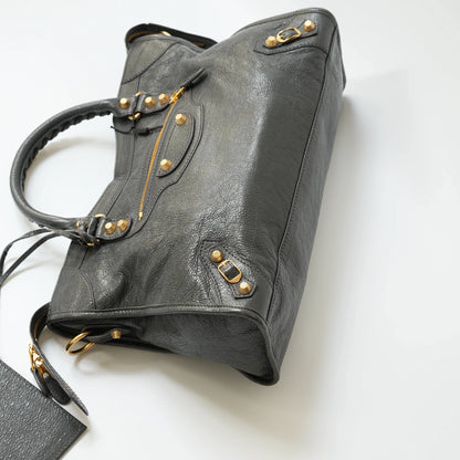 Balenciaga Classic City Bag Grey Premium Leather Gold Hardware Moto Handbag