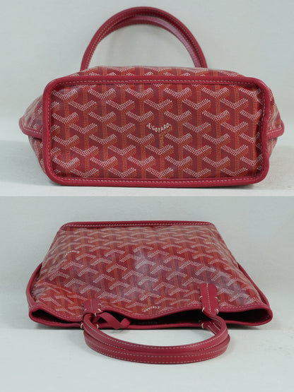 Top view of the red Goyardine herringbone canvas mini reversible tote bag, featuring calfskin trim and double handles.