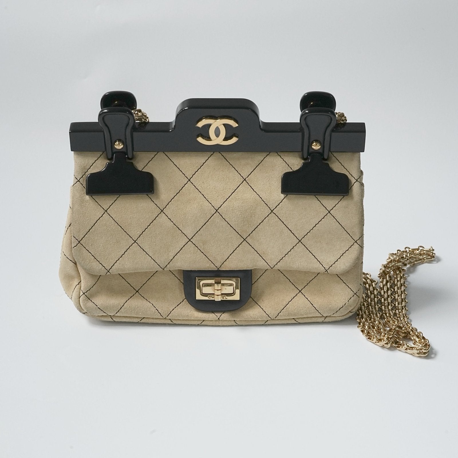 Chanel Vintage Beige Suede Clip Flap Bag with Gold Hardware - CLAUZZET.LUX
