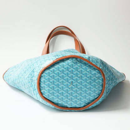 Bottom view: Bottom view of Goyard Belharra MM tote, round flat base with leather trim reinforcement