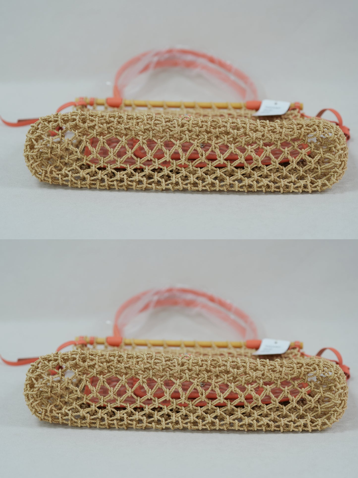 Bottom view of coral woven net tote with beech wood top bar, leather trim and removable Goyardine canvas inner pouch.