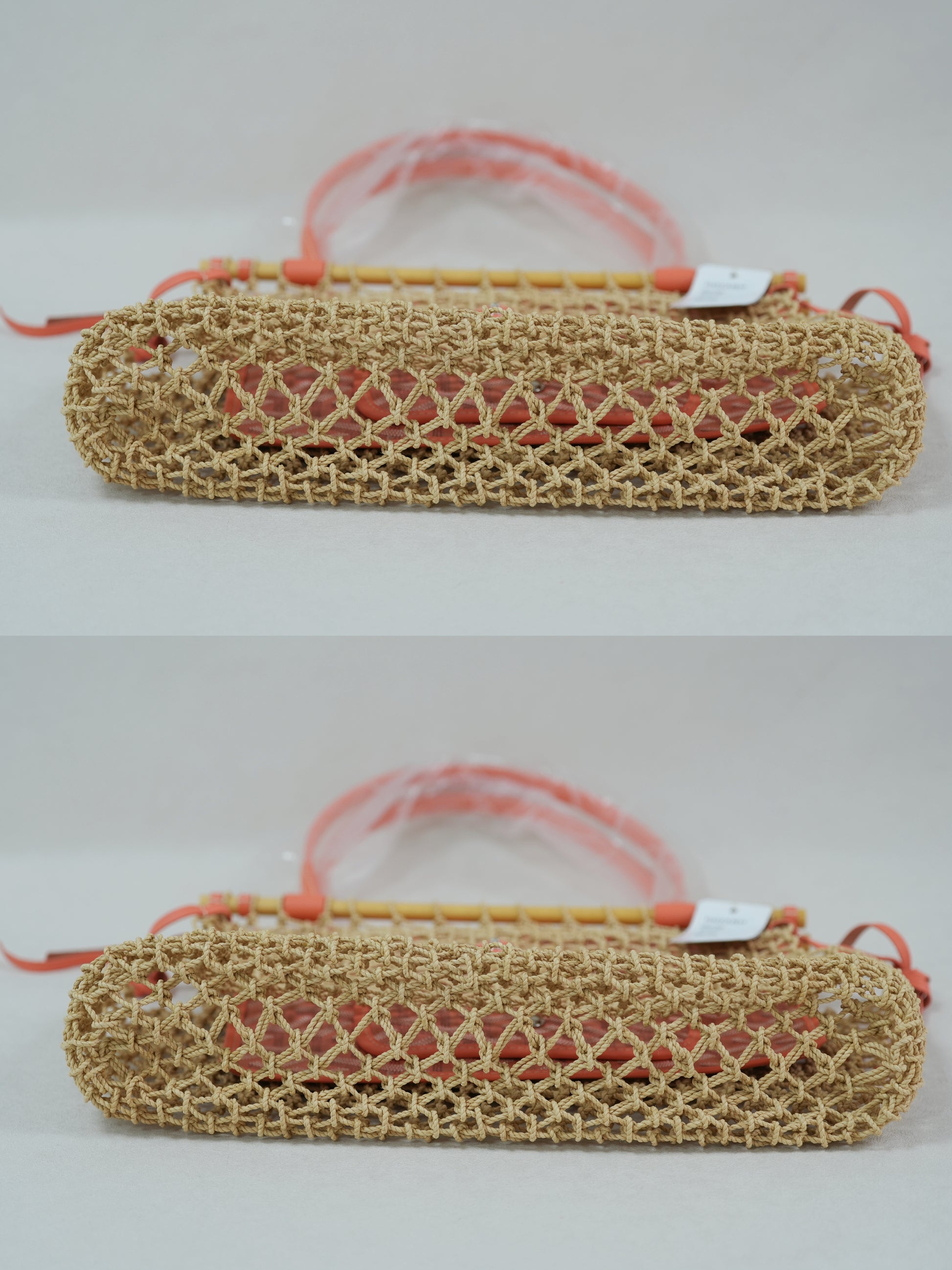 Bottom view of coral woven net tote with beech wood top bar, leather trim and removable Goyardine canvas inner pouch.
