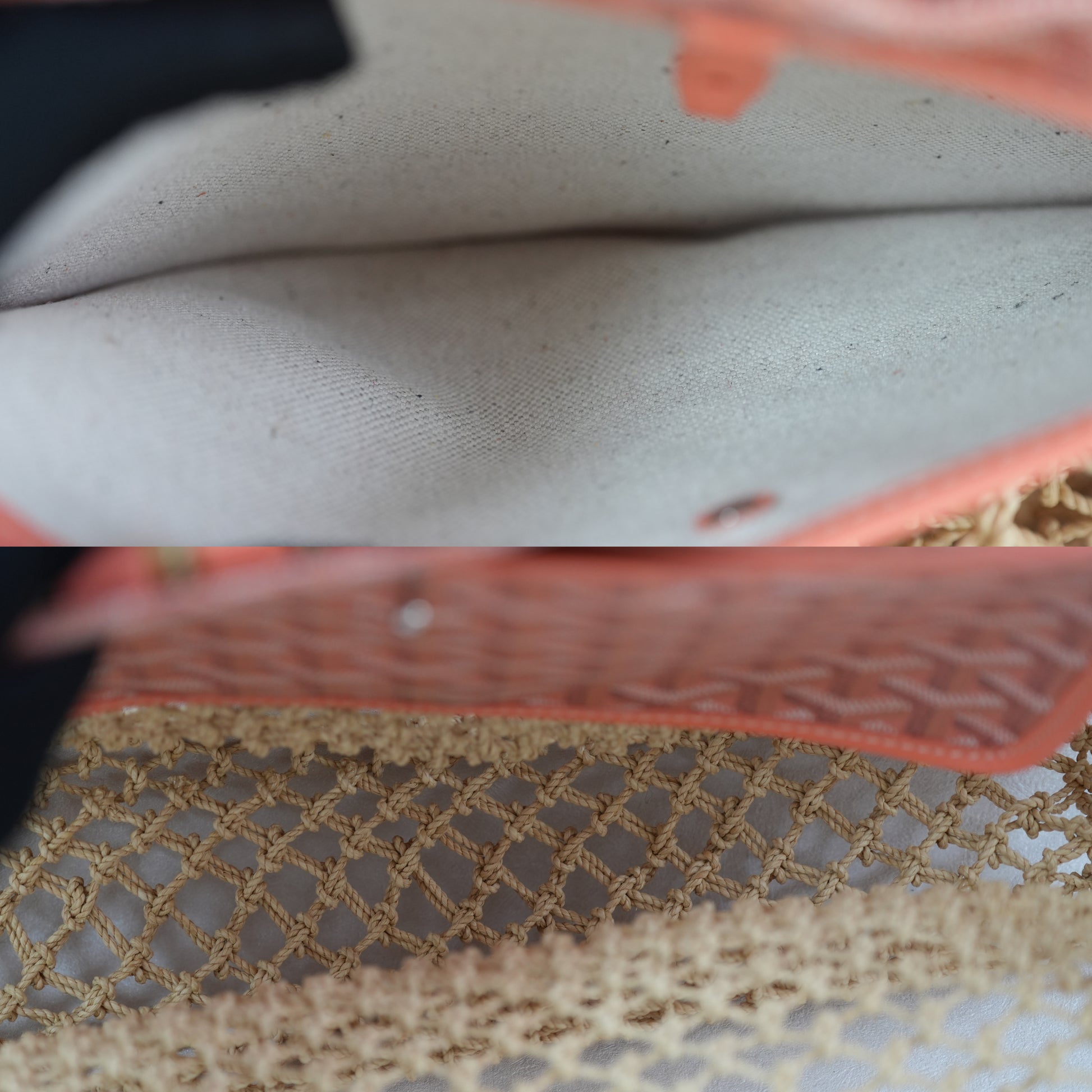 Interior view of coral woven net tote with beech wood top bar, leather trim and removable Goyardine canvas inner pouch.