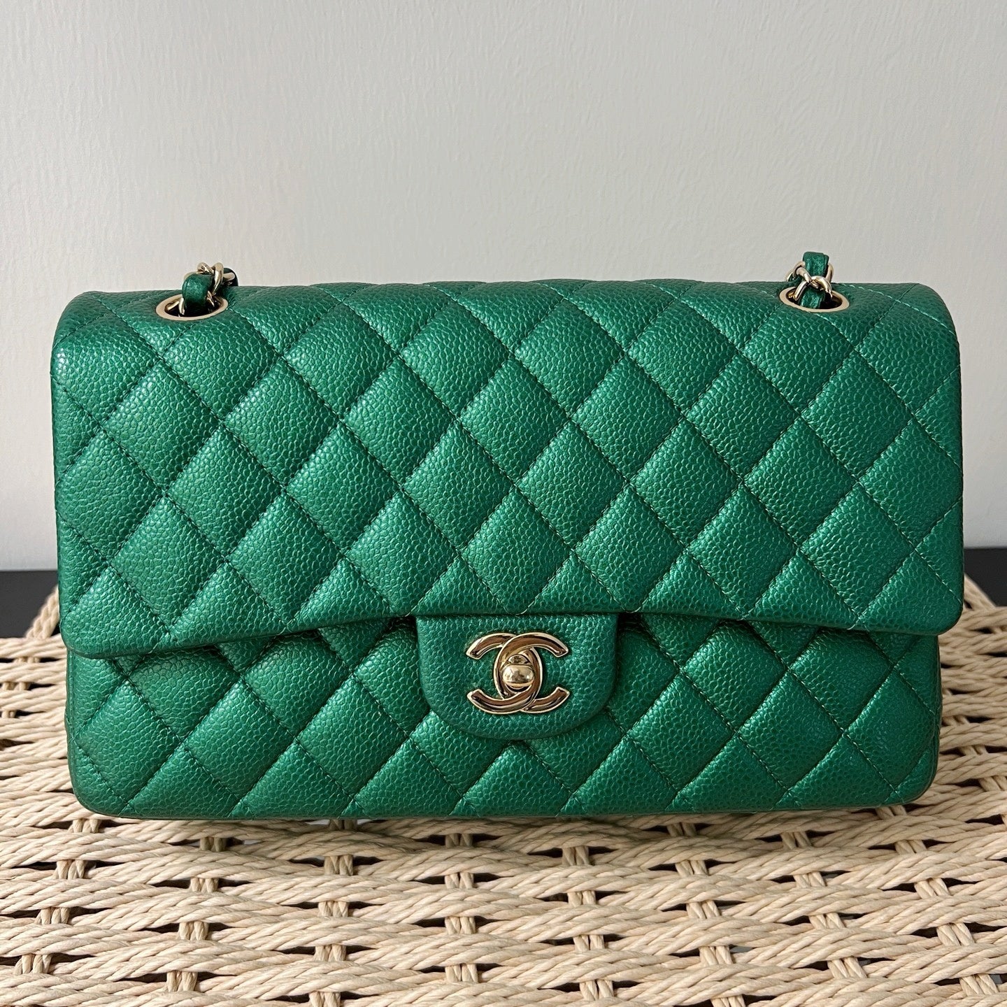 Chanel 18S Emerald Green Caviar Leather Medium Classic Double Flap Bag