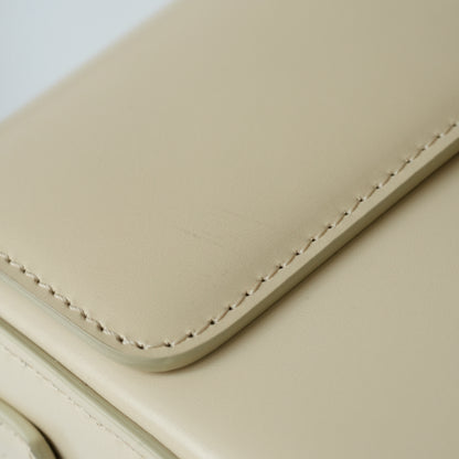 Detail view of gold Triomphe clasp and precise leather stitching