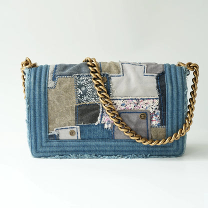 Back view of Chanel Boy bag in patchwork denim with leather trim