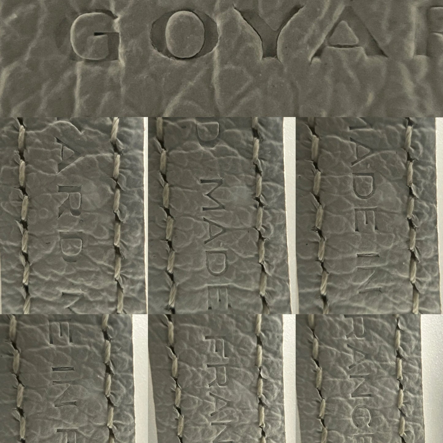 Detail view of beech wood handle and Goyardine chevron monogram pattern
