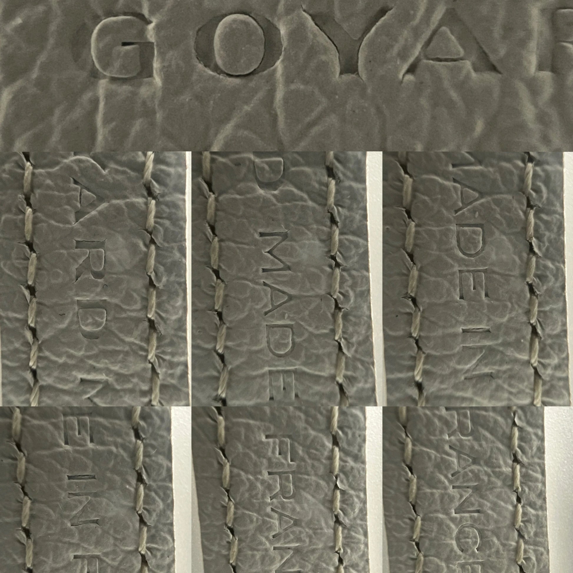 Detail view of beech wood handle and Goyardine chevron monogram pattern