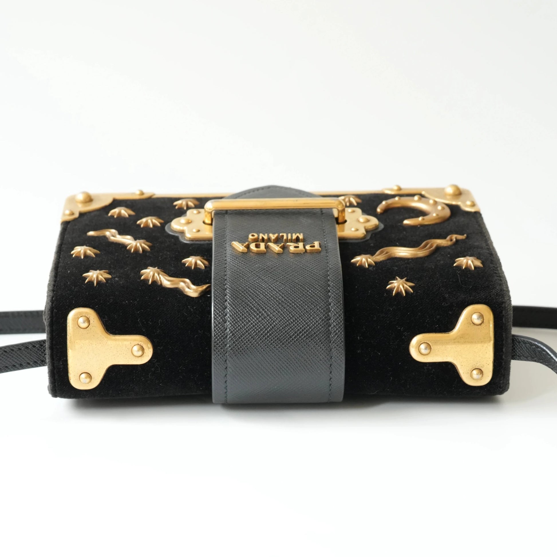 Top view of Prada Cahier bag with detachable crossbody strap