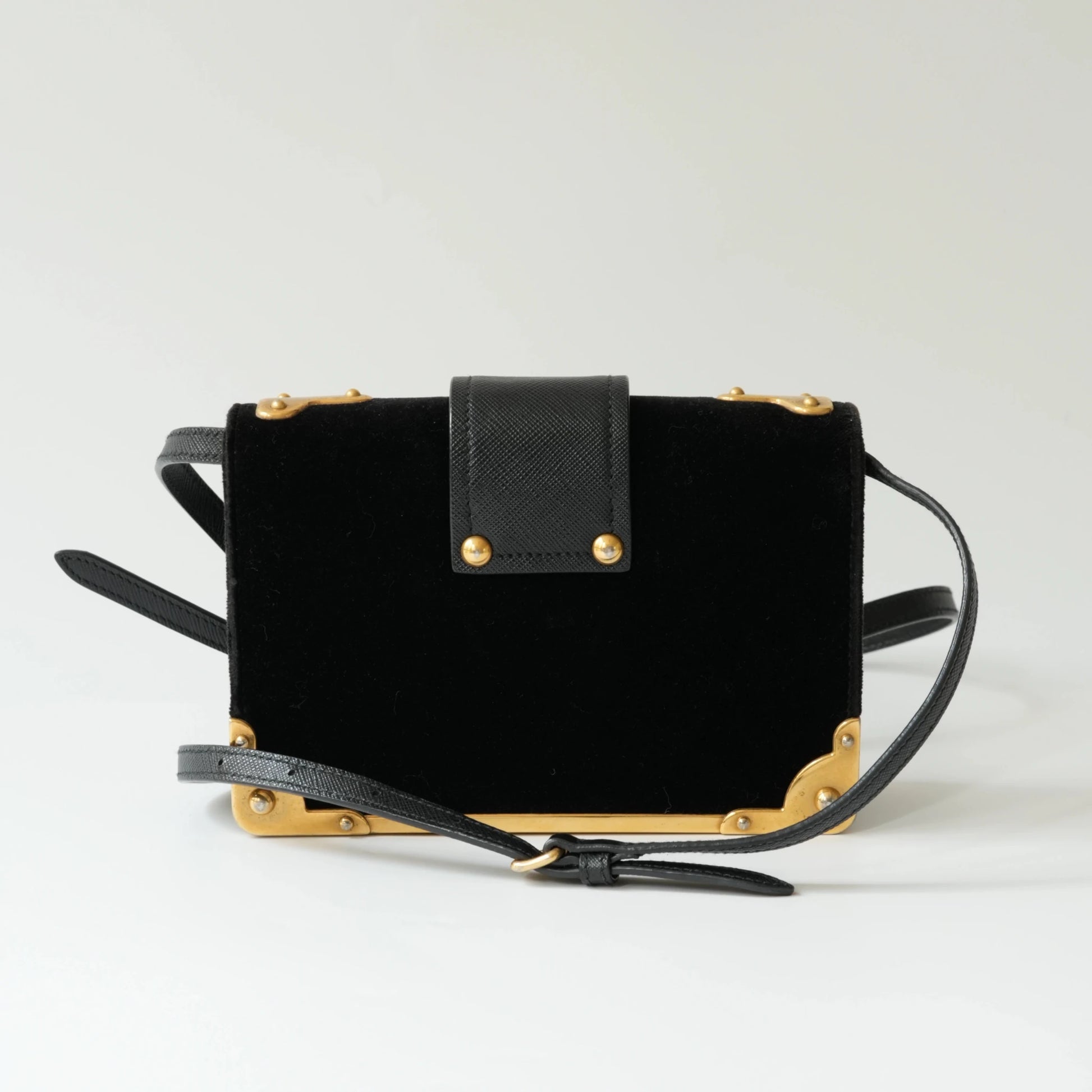 Back view of Prada Cahier bag in black velvet with Saffiano leather trim