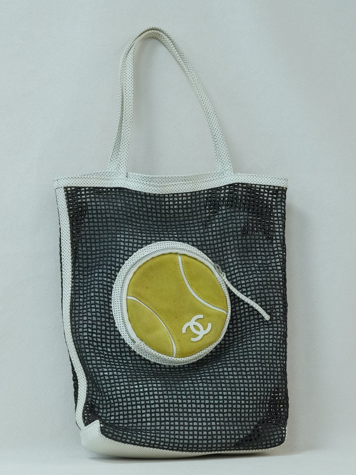 Chanel Tennis Shopper Tote Black Mesh White Trim front - CLAUZZET.LUX
