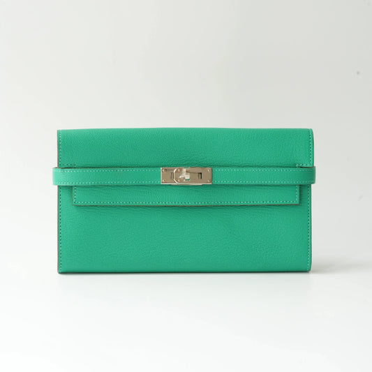 Hermès Kelly Long Wallet Green Chevre Mysore Silver Tone Hardware view1